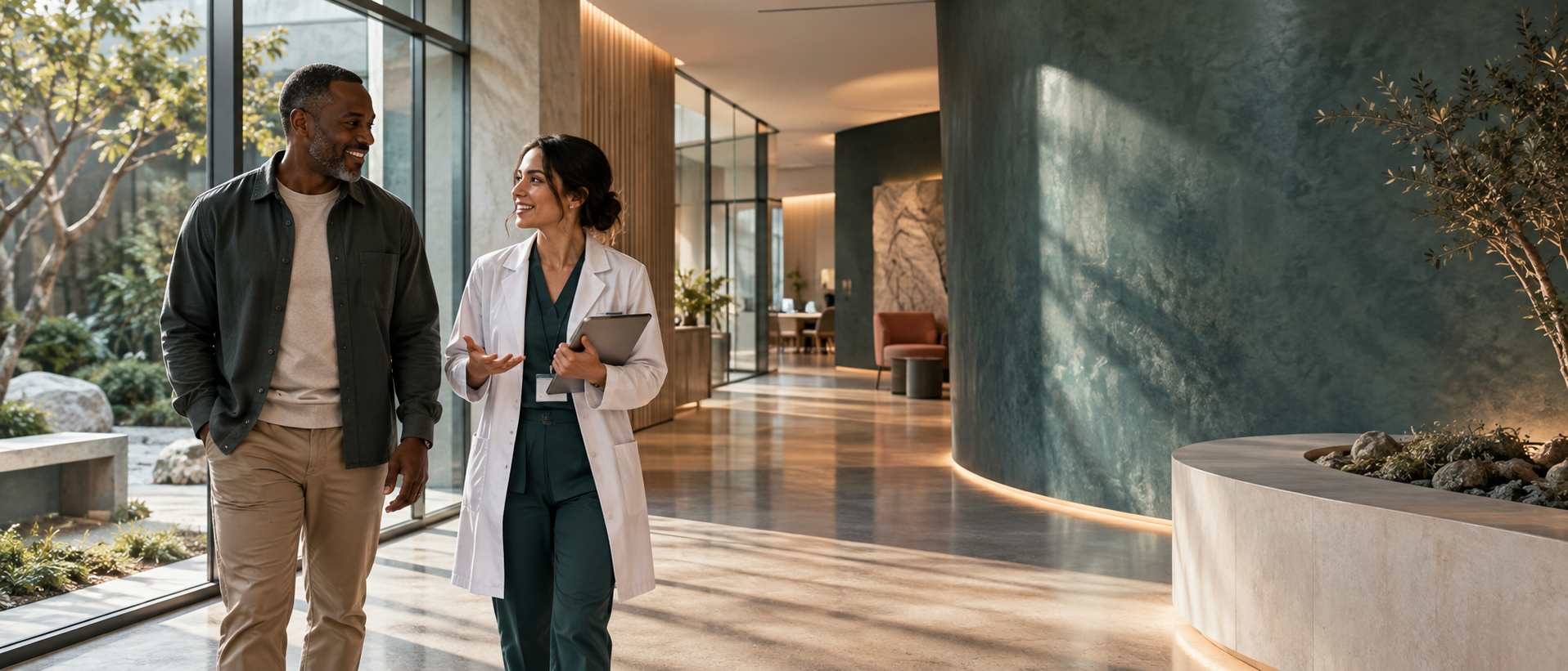 A clinical trial coordinator walking with an adult participant in a modern research center